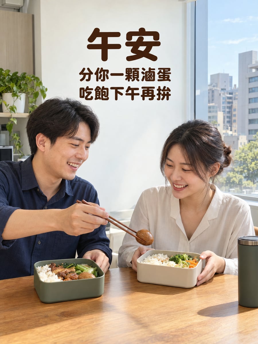 分你一顆滷蛋。圖中文字：午安，分你一顆滷蛋，吃飽下午再拚