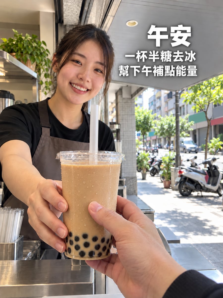 半糖去冰補能量。圖中文字：午安，一杯半糖去冰，幫下午補點能量