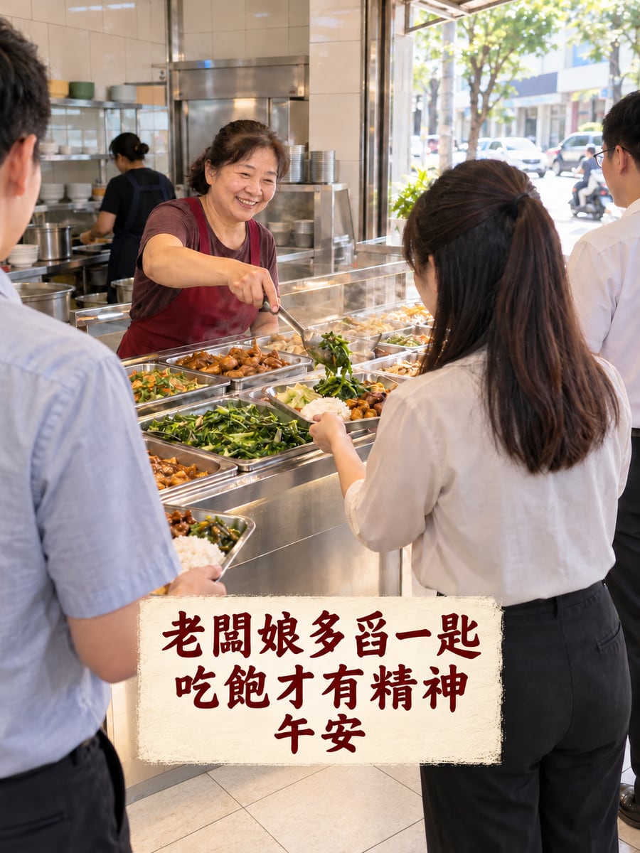 自助餐多一匙。圖中文字：午安，老闆娘多舀一匙，吃飽才有精神
