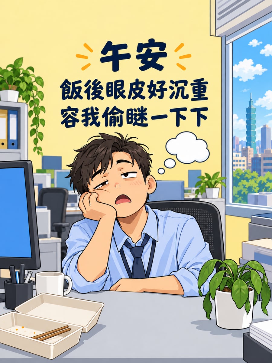 飯後眼皮好重。圖中文字：午安，飯後眼皮好沉重，容我偷瞇一下下