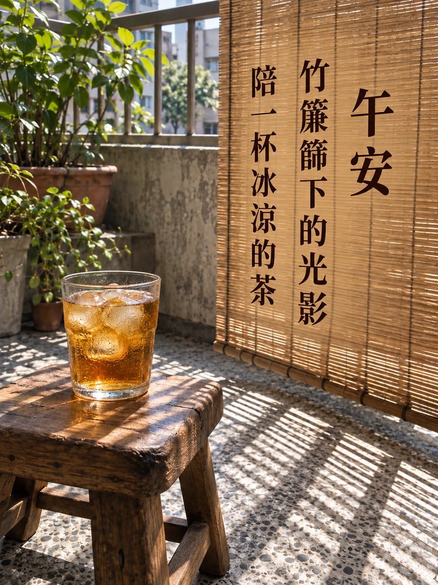 竹簾光影。圖中文字：午安，竹簾篩下的光影，陪一杯冰涼的茶