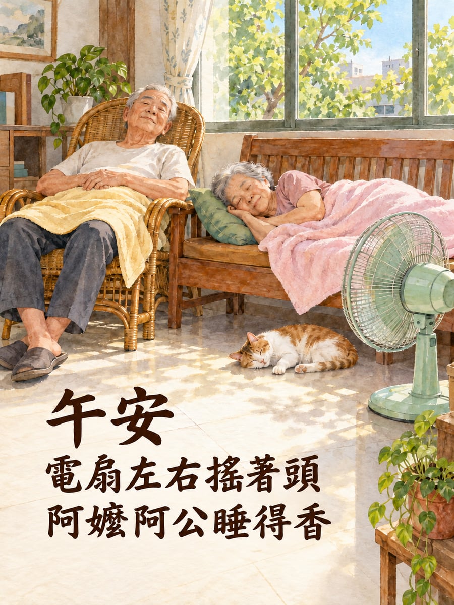 阿公阿嬤午睡。圖中文字：午安，電扇左右搖著頭，阿嬤阿公睡得香