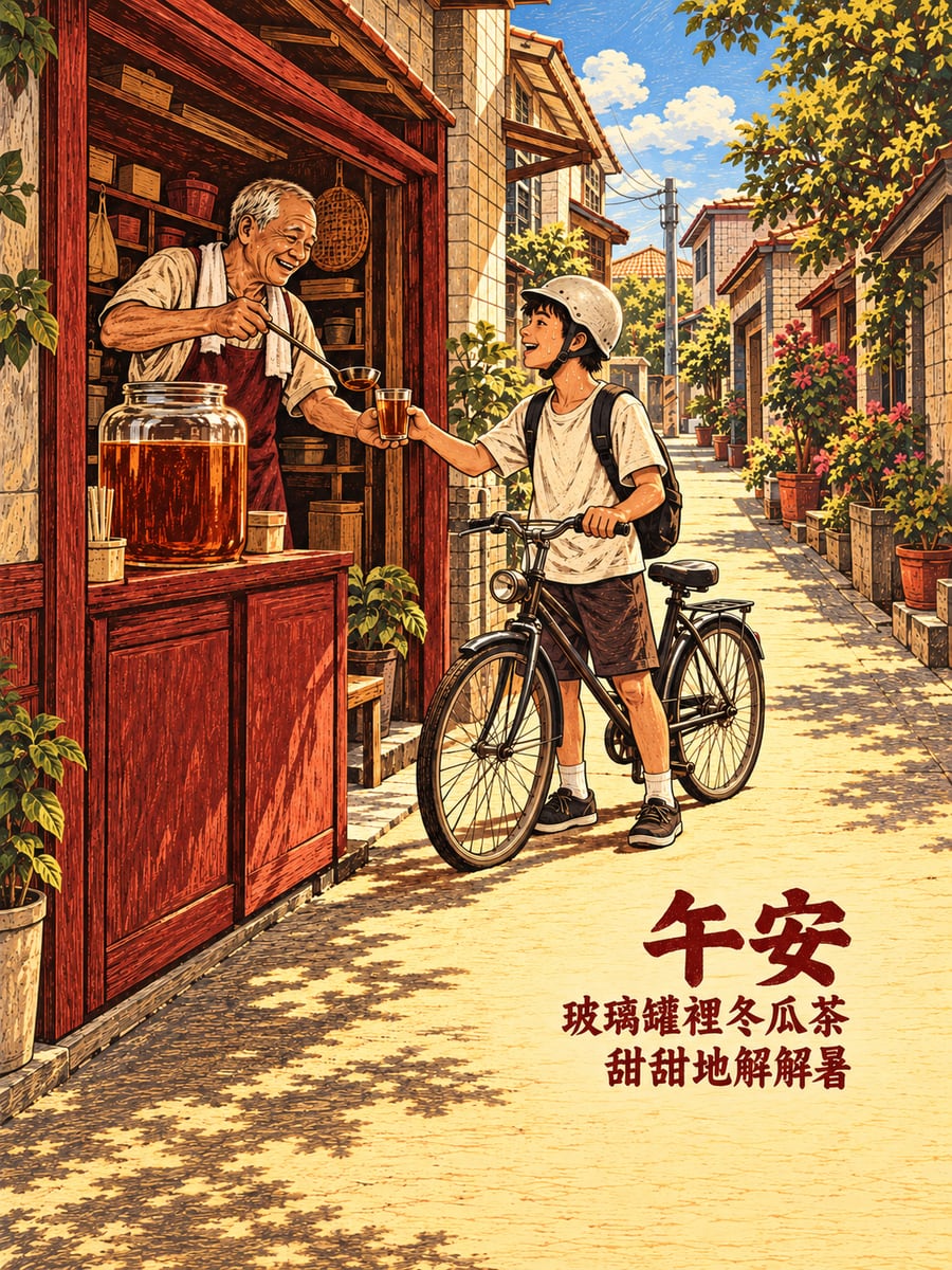 雜貨店冬瓜茶。圖中文字：午安，玻璃罐裡冬瓜茶，甜甜地解解暑