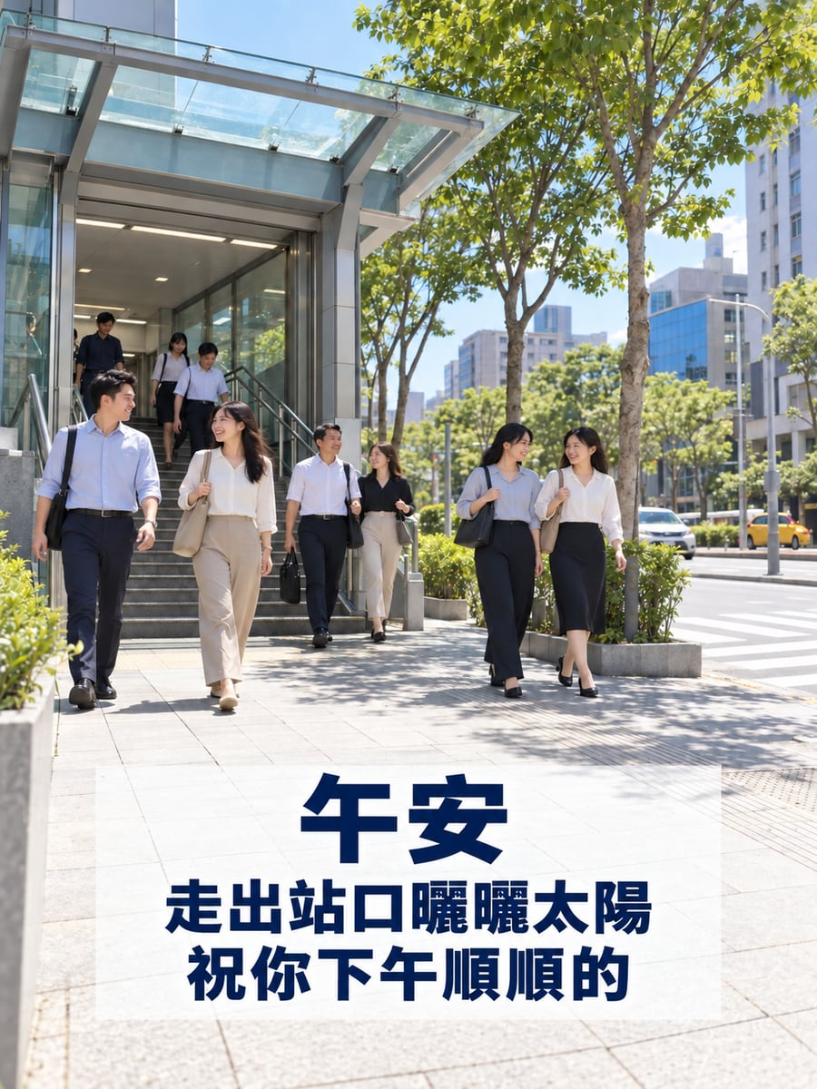 捷運出口午休。圖中文字：午安，走出站口曬曬太陽，祝你下午順順的