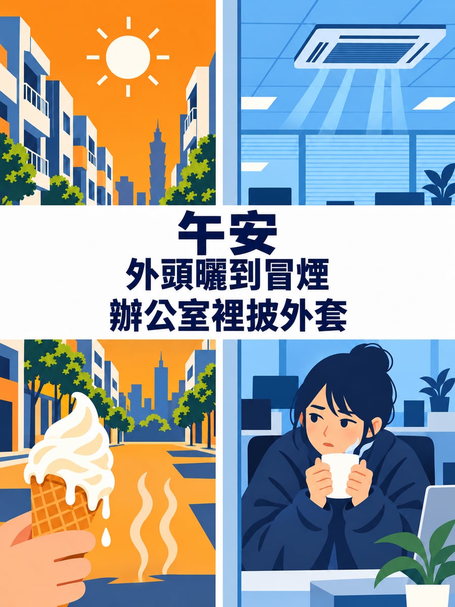 外熱內冷。圖中文字：午安，外頭曬到冒煙，辦公室裡披外套