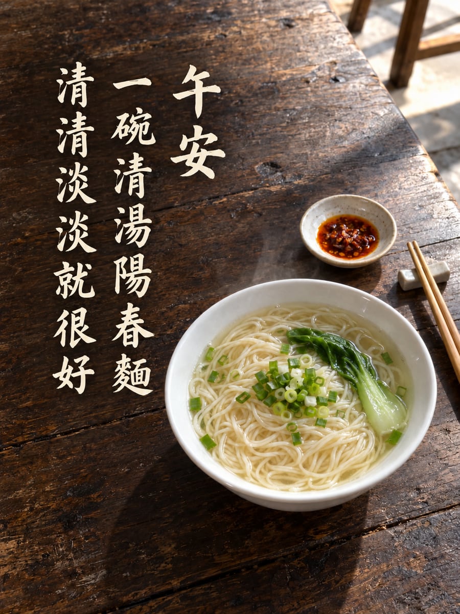 一碗陽春麵。圖中文字：午安，一碗清湯陽春麵，清清淡淡就很好