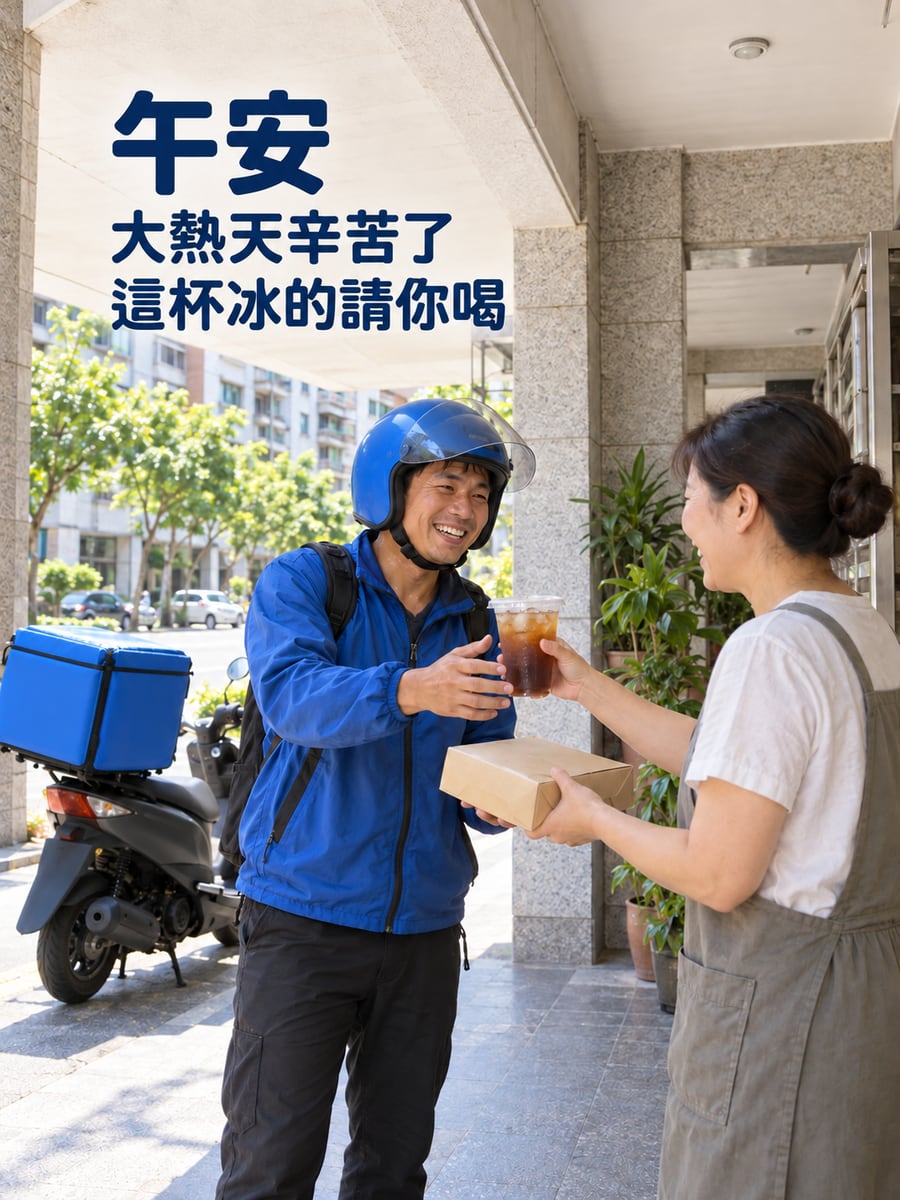 請外送員喝冰的。圖中文字：午安，大熱天辛苦了，這杯冰的請你喝