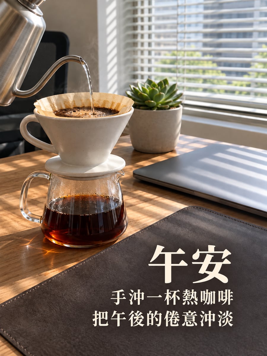 午後手沖。圖中文字：午安，手沖一杯熱咖啡，把午後的倦意沖淡