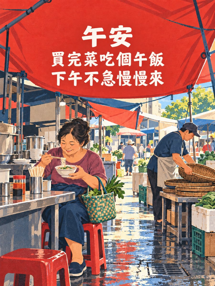 買完菜吃午飯。圖中文字：午安，買完菜吃個午飯，下午不急慢慢來