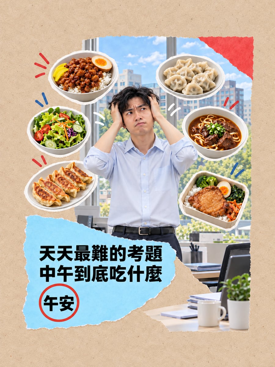 中午吃什麼。圖中文字：午安，天天最難的考題，中午到底吃什麼