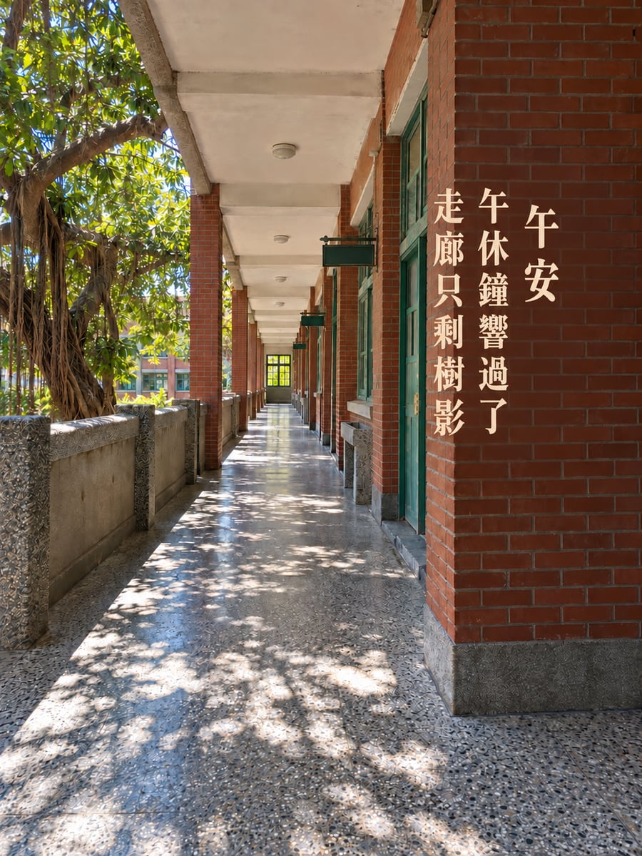 午休的走廊。圖中文字：午安，午休鐘響過了，走廊只剩樹影