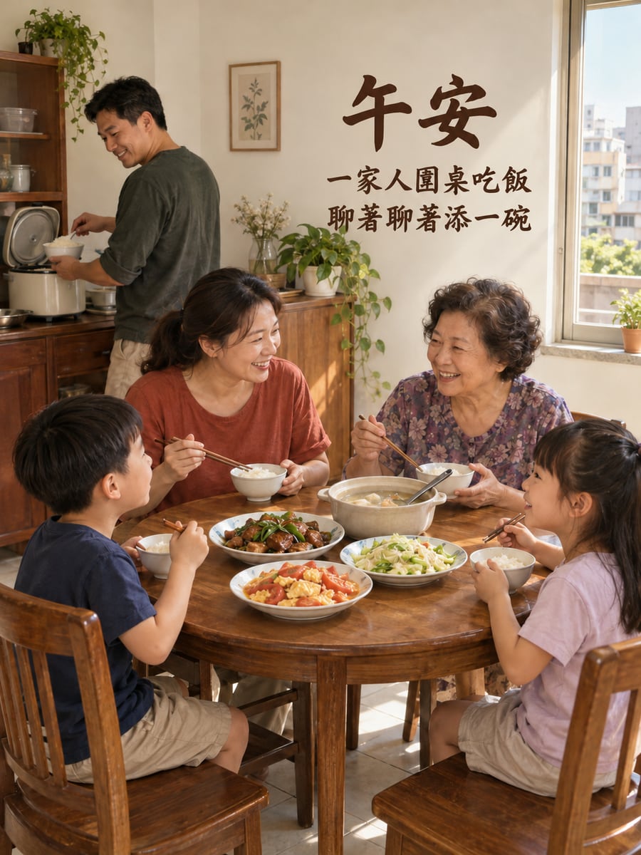 圓桌家常午餐。圖中文字：午安，一家人圍桌吃飯，聊著聊著添一碗