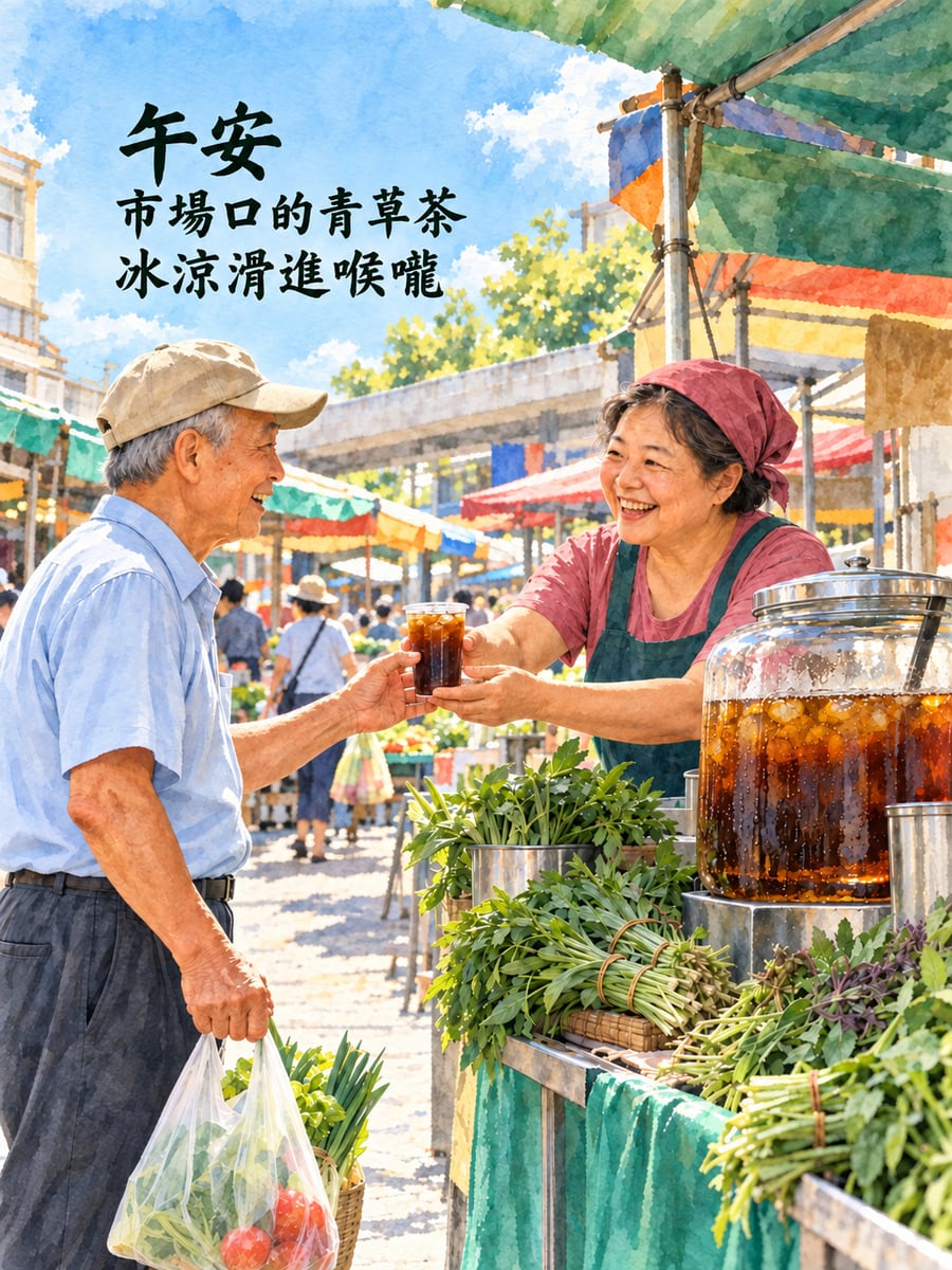 市場青草茶。圖中文字：午安，市場口的青草茶，冰涼滑進喉嚨