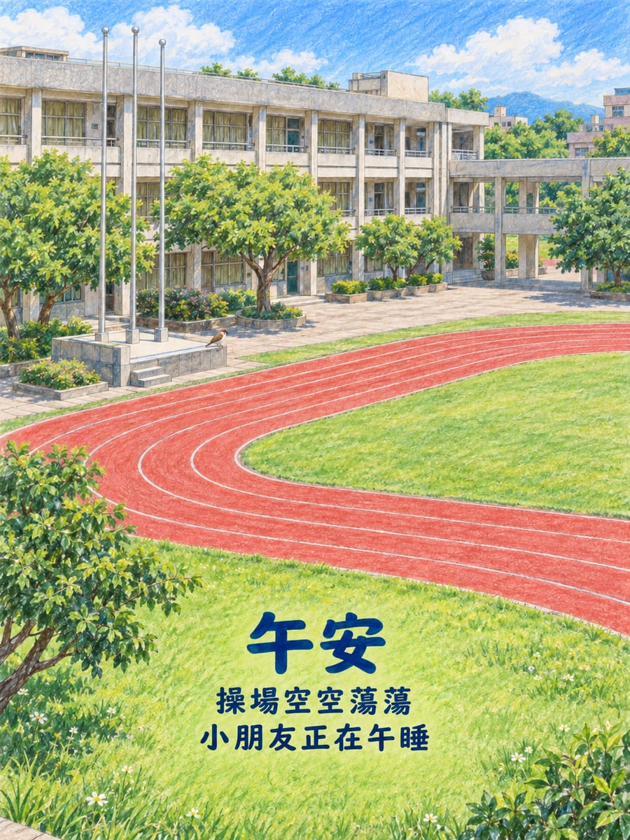午休的操場。圖中文字：午安，操場空空蕩蕩，小朋友正在午睡