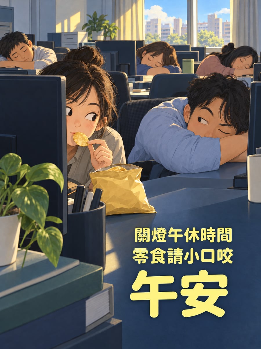 午休請小口咬。圖中文字：午安，關燈午休時間，零食請小口咬
