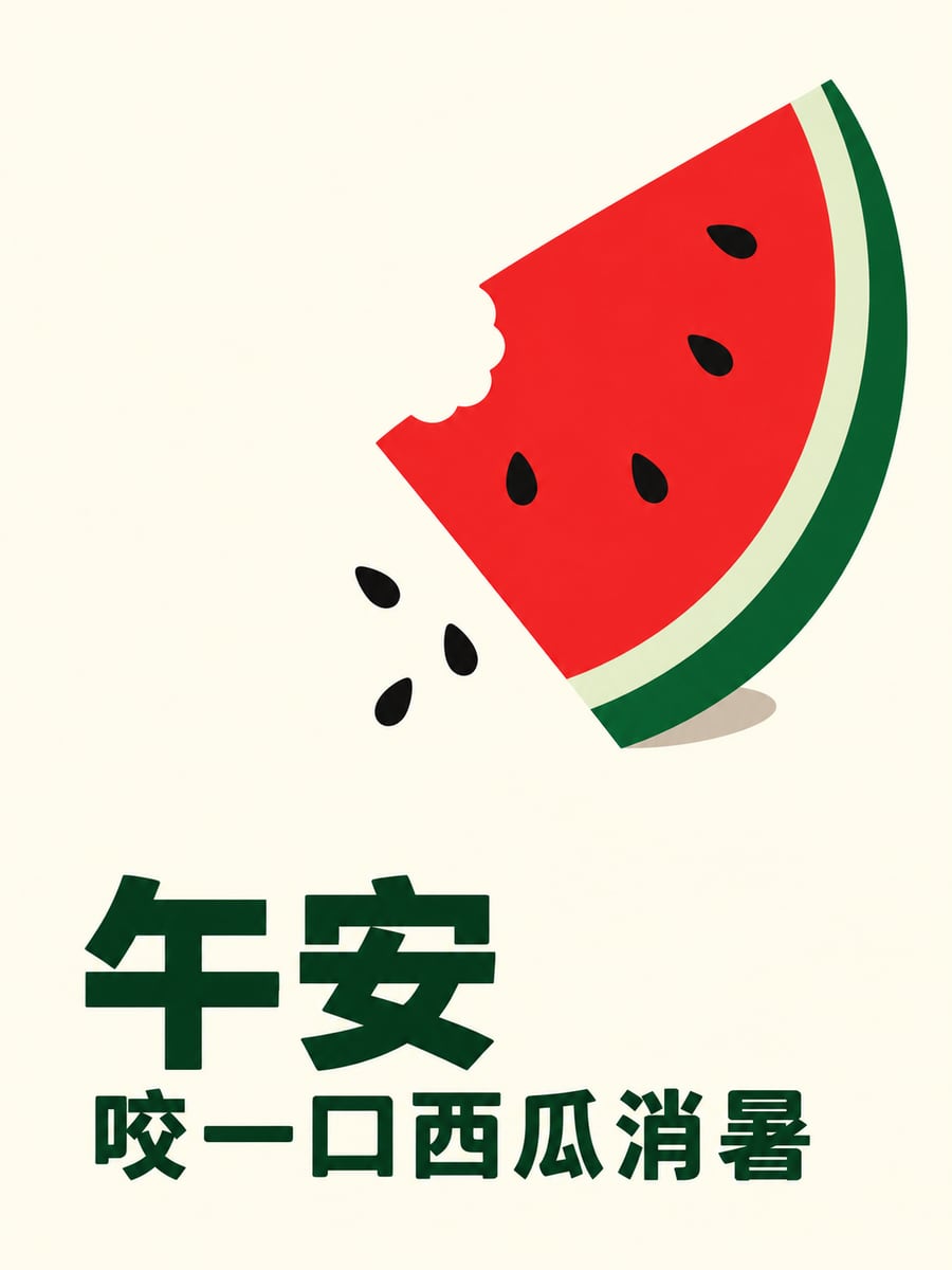 西瓜消暑。圖中文字：午安，咬一口西瓜消暑