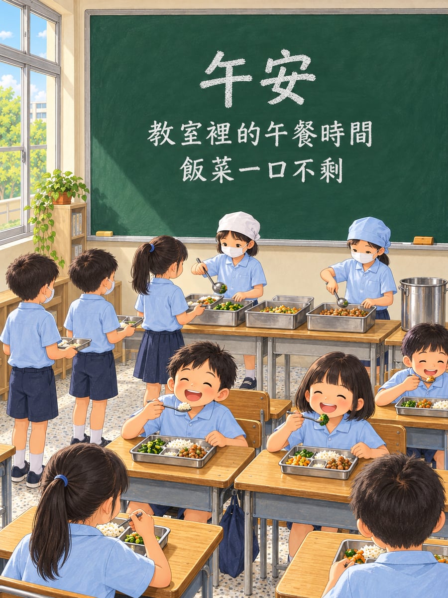 教室午餐時間。圖中文字：午安，教室裡的午餐時間，飯菜一口不剩