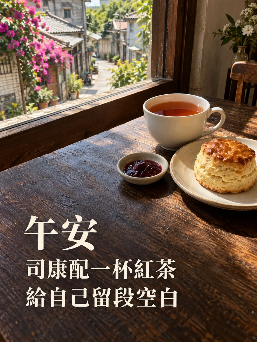 司康配紅茶。圖中文字：午安，司康配一杯紅茶，給自己留段空白