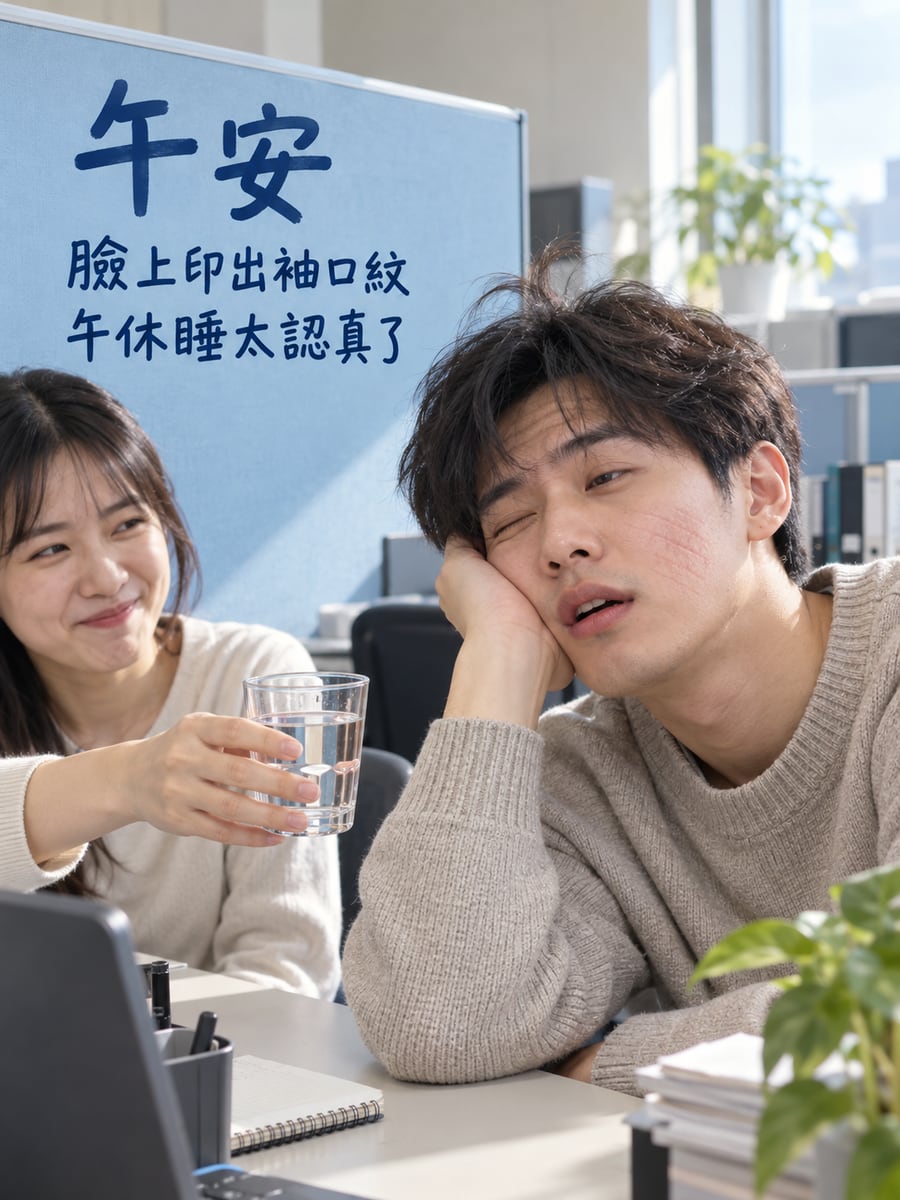 臉上的袖口印。圖中文字：午安，臉上印出袖口紋，午休睡太認真了
