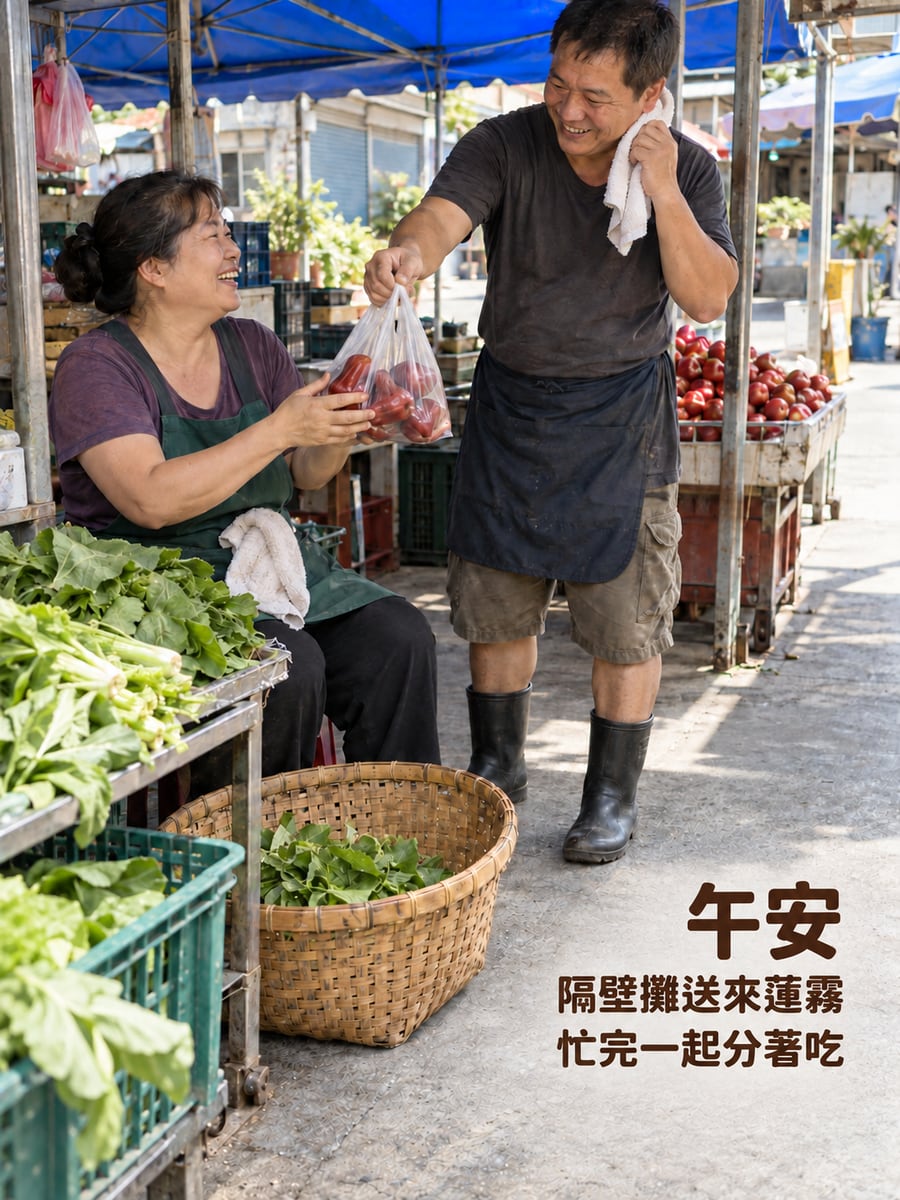 隔壁攤的蓮霧。圖中文字：午安，隔壁攤送來蓮霧，忙完一起分著吃
