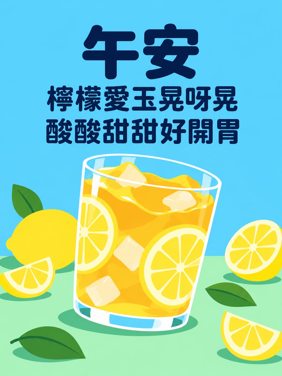 檸檬愛玉。圖中文字：午安，檸檬愛玉晃呀晃，酸酸甜甜好開胃