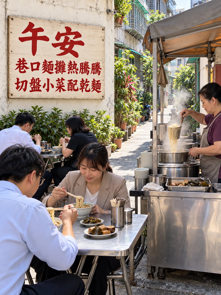 巷口麵攤。圖中文字：午安，巷口麵攤熱騰騰，切盤小菜配乾麵