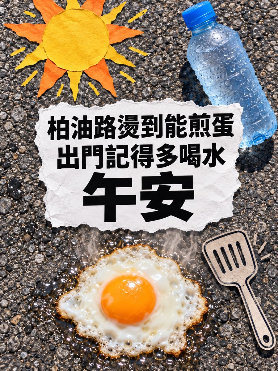 柏油路煎蛋。圖中文字：午安，柏油路燙到能煎蛋，出門記得多喝水