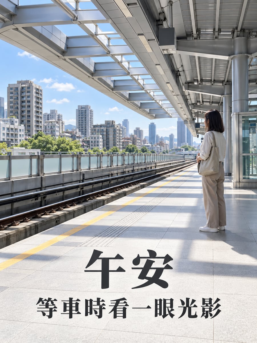 高架月台光影。圖中文字：午安，等車時看一眼光影