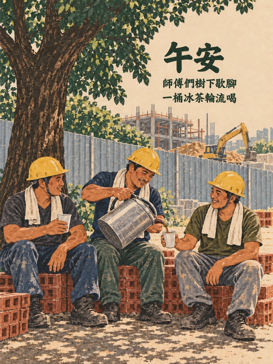 師傅樹下歇腳。圖中文字：午安，師傅們樹下歇腳，一桶冰茶輪流喝