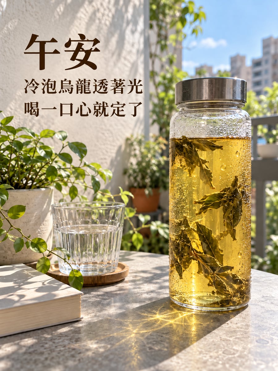 冷泡烏龍。圖中文字：午安，冷泡烏龍透著光，喝一口心就定了