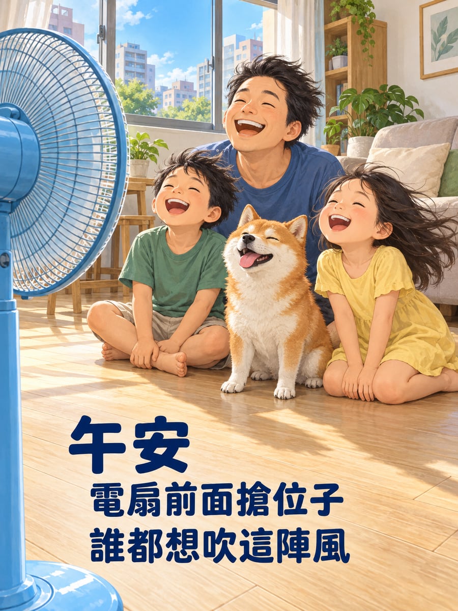 搶電扇的風。圖中文字：午安，電扇前面搶位子，誰都想吹這陣風