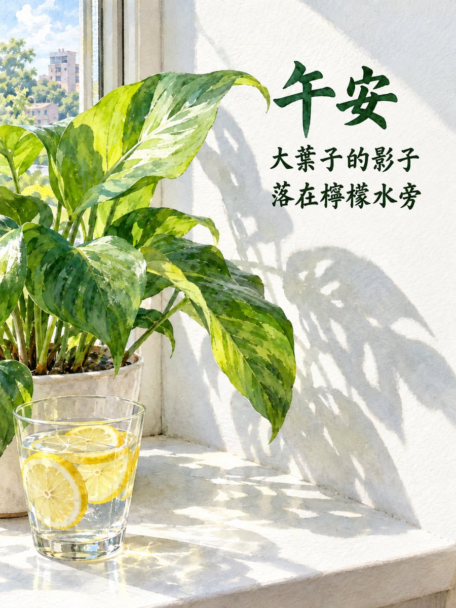 葉影與檸檬水。圖中文字：午安，大葉子的影子，落在檸檬水旁
