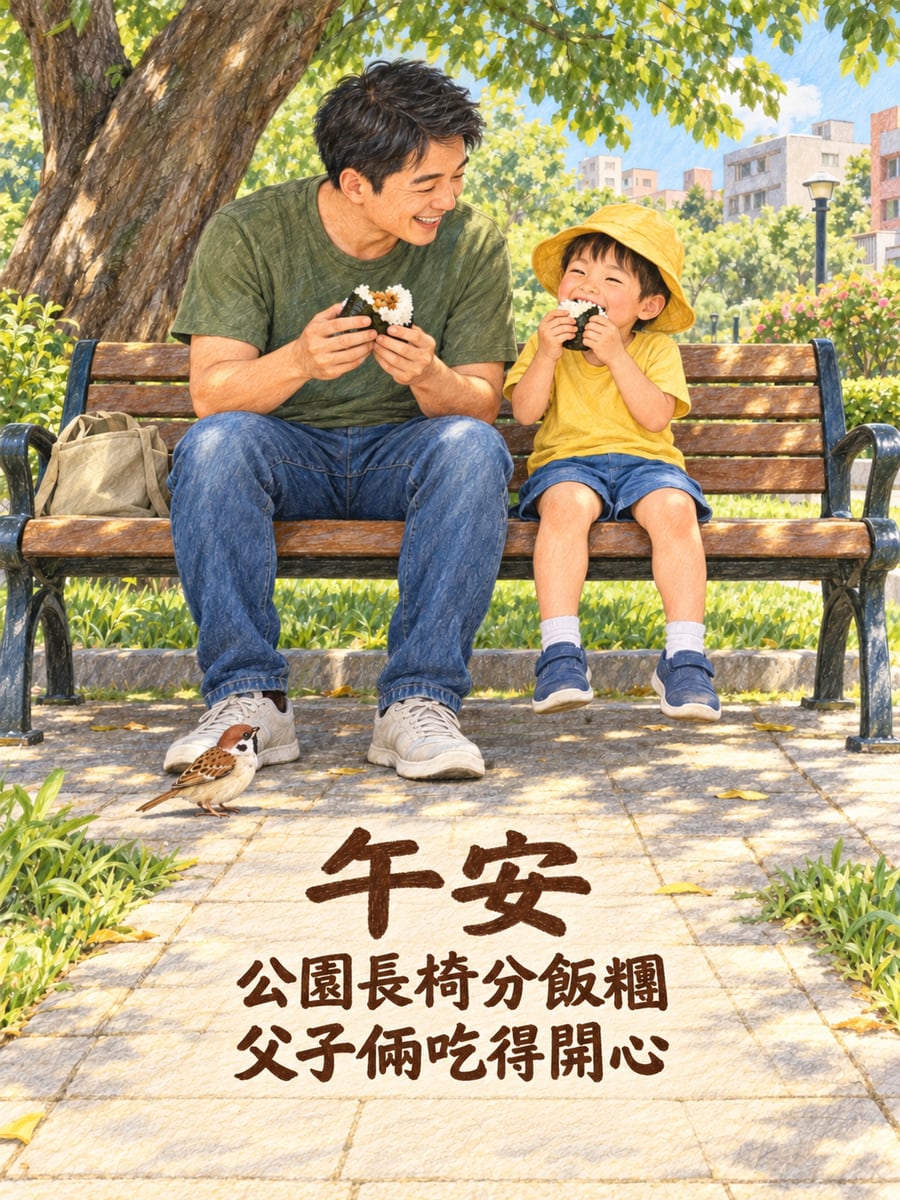長椅分飯糰。圖中文字：午安，公園長椅分飯糰，父子倆吃得開心