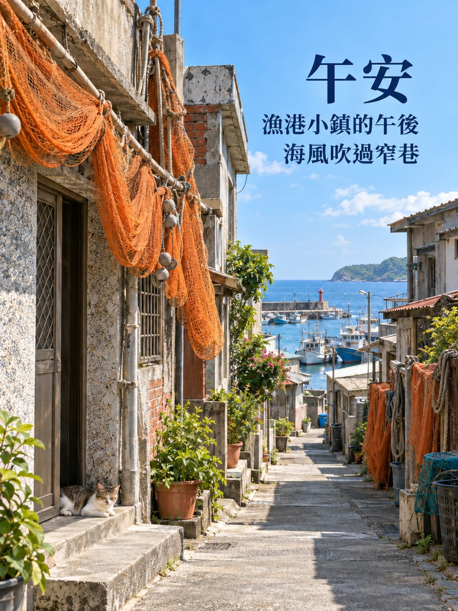 漁港小鎮巷弄。圖中文字：午安，漁港小鎮的午後，海風吹過窄巷