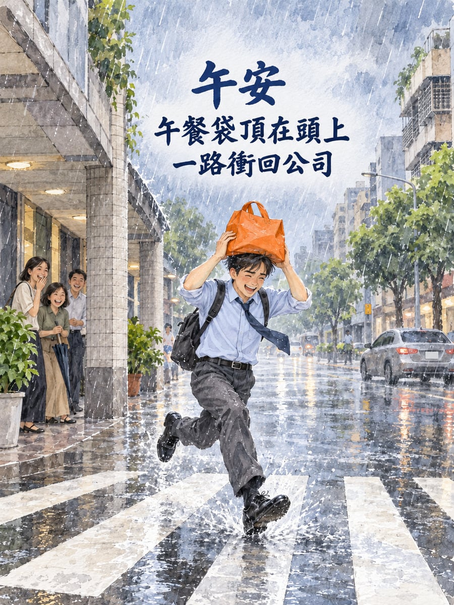 頂著午餐衝回去。圖中文字：午安，午餐袋頂在頭上，一路衝回公司