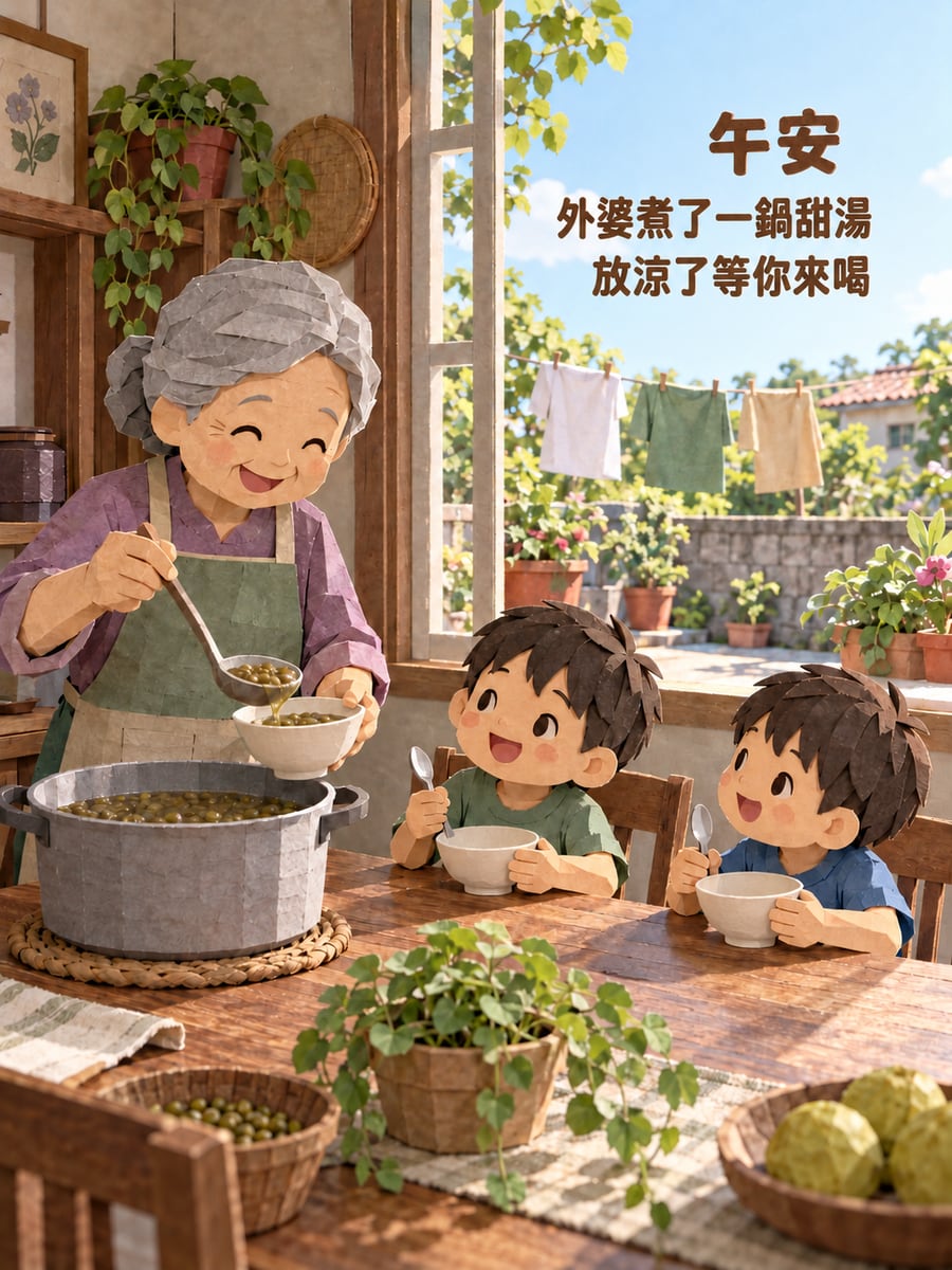 外婆的甜湯。圖中文字：午安，外婆煮了一鍋甜湯，放涼了等你來喝