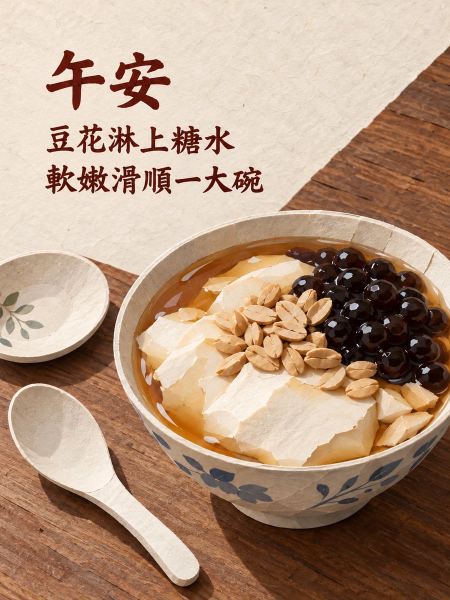 一大碗豆花。圖中文字：午安，豆花淋上糖水，軟嫩滑順一大碗