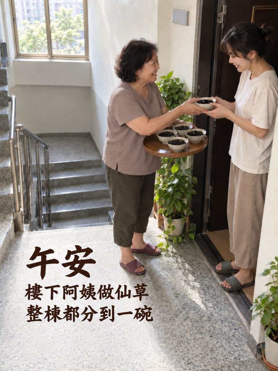 樓下阿姨的仙草。圖中文字：午安，樓下阿姨做仙草，整棟都分到一碗