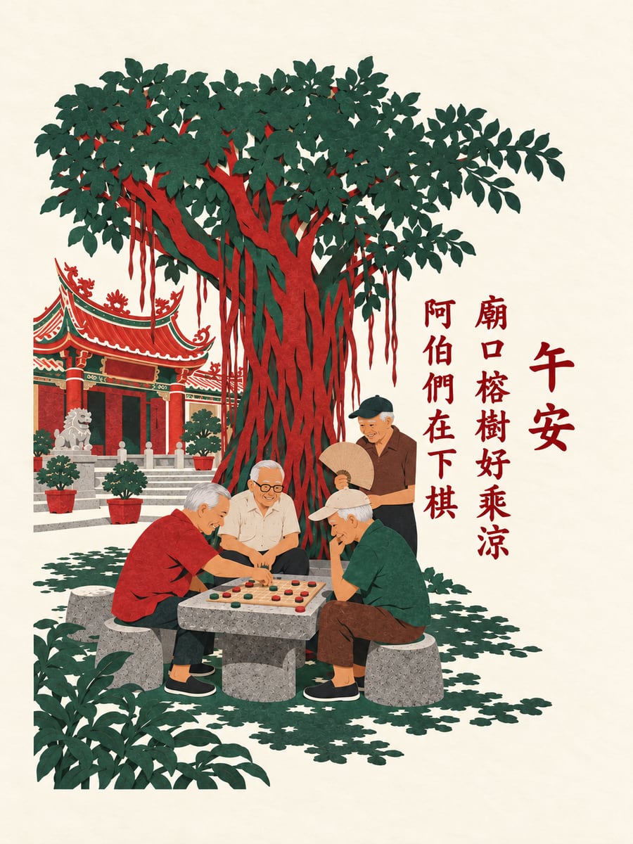 廟口榕樹下棋。圖中文字：午安，廟口榕樹好乘涼，阿伯們在下棋
