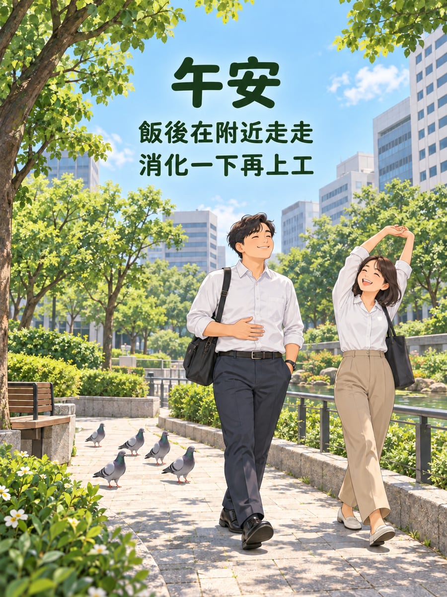 飯後走走。圖中文字：午安，飯後在附近走走，消化一下再上工