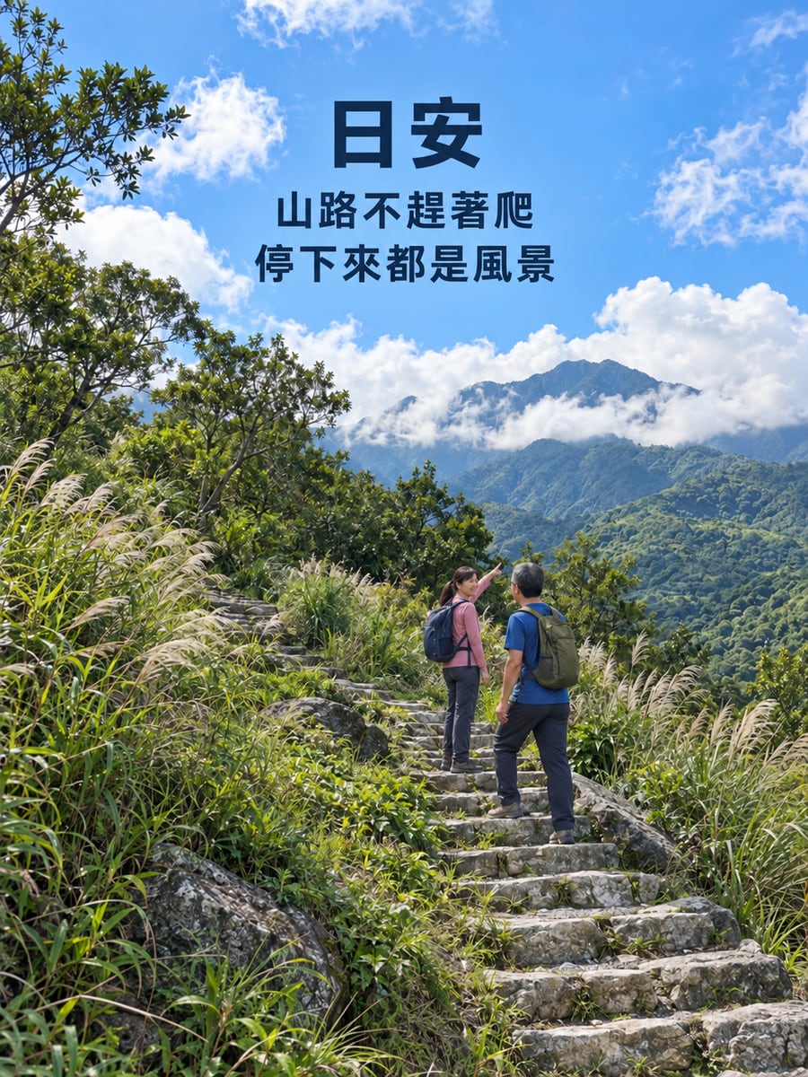 山徑石階。圖中文字：日安，山路不趕著爬，停下來都是風景