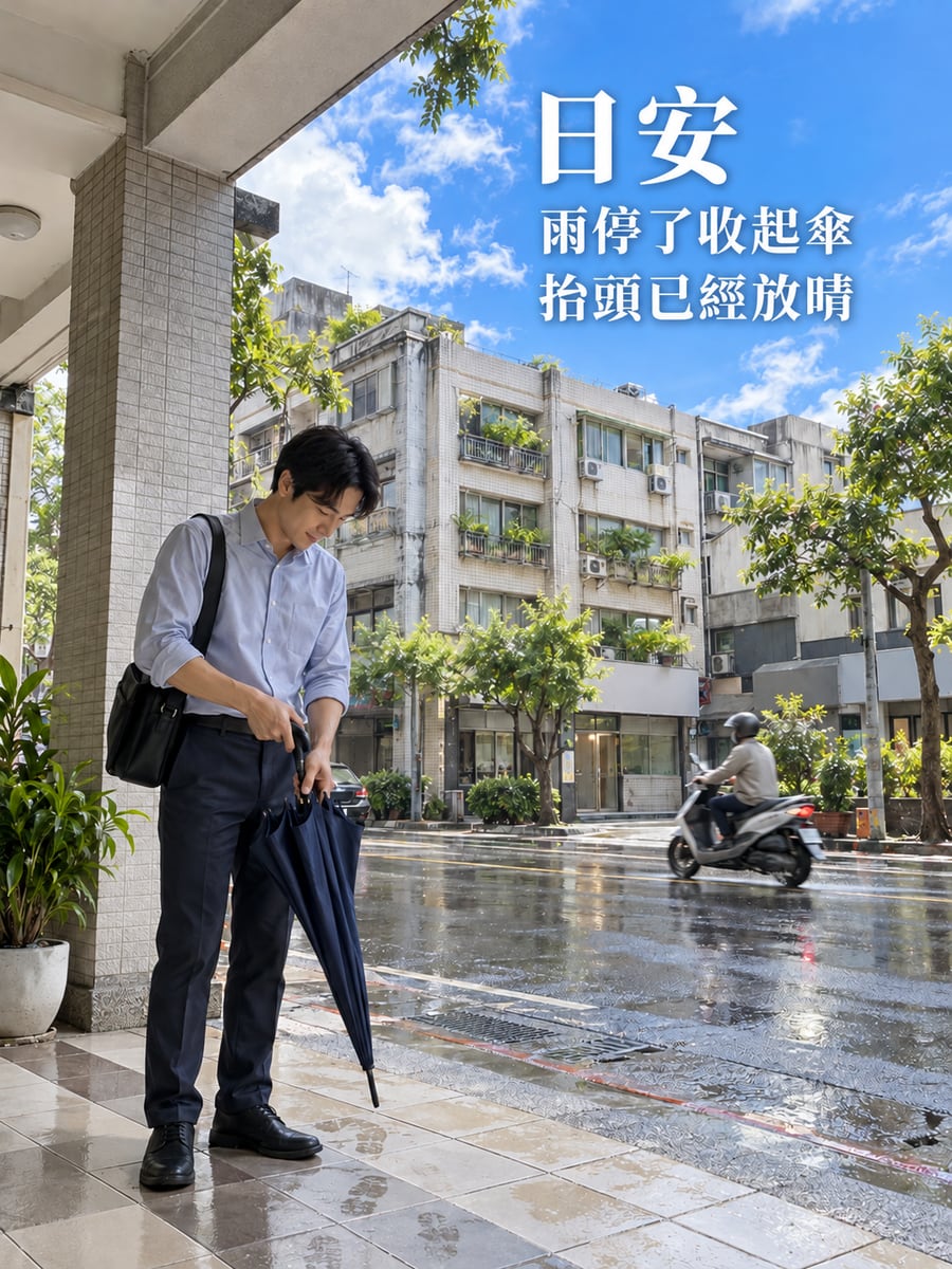 騎樓雨停。圖中文字：日安，雨停了收起傘，抬頭已經放晴