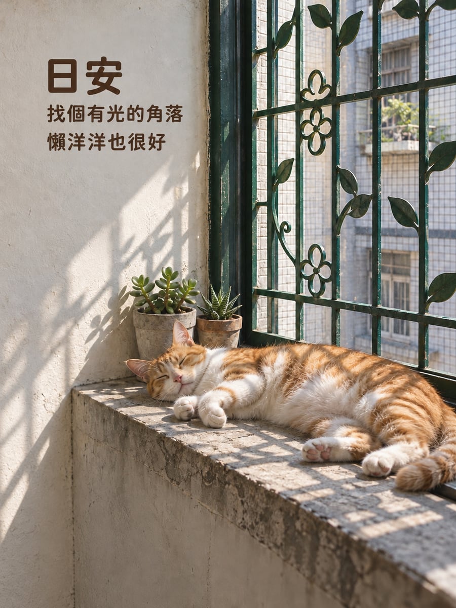 鐵窗台的貓。圖中文字：日安，找個有光的角落，懶洋洋也很好