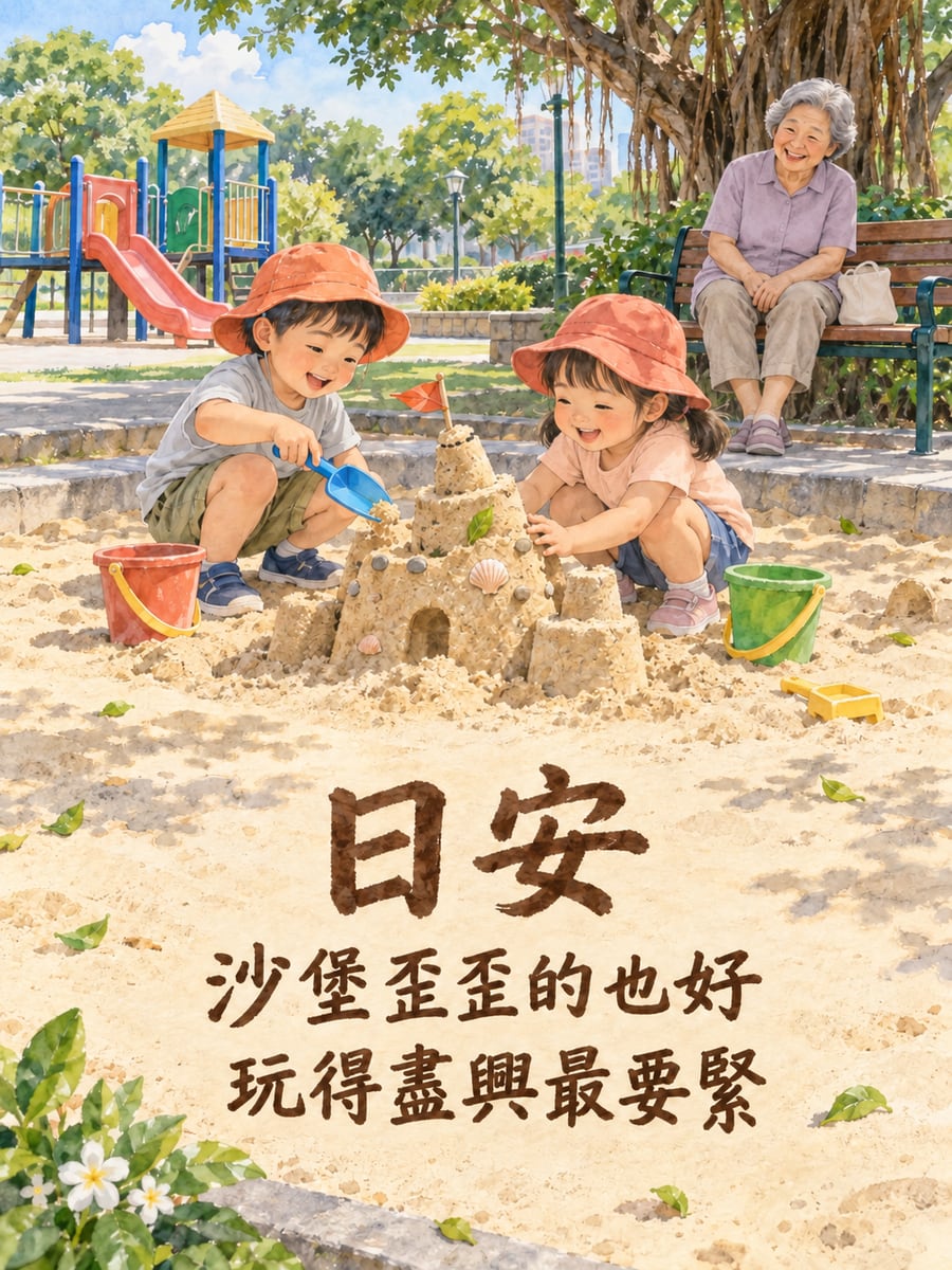 沙坑城堡。圖中文字：日安，沙堡歪歪的也好，玩得盡興最要緊
