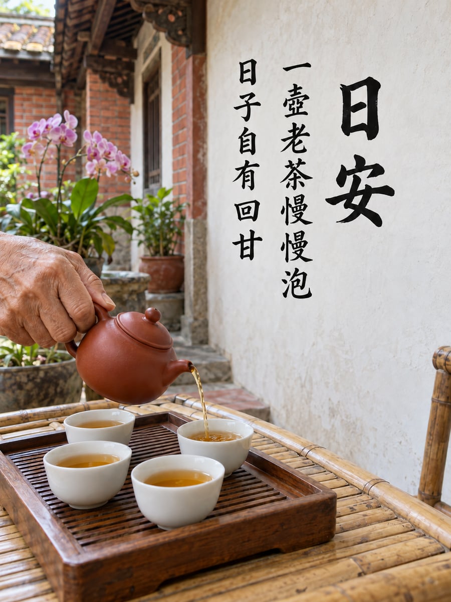 庭院老人茶。圖中文字：日安，一壺老茶慢慢泡，日子自有回甘
