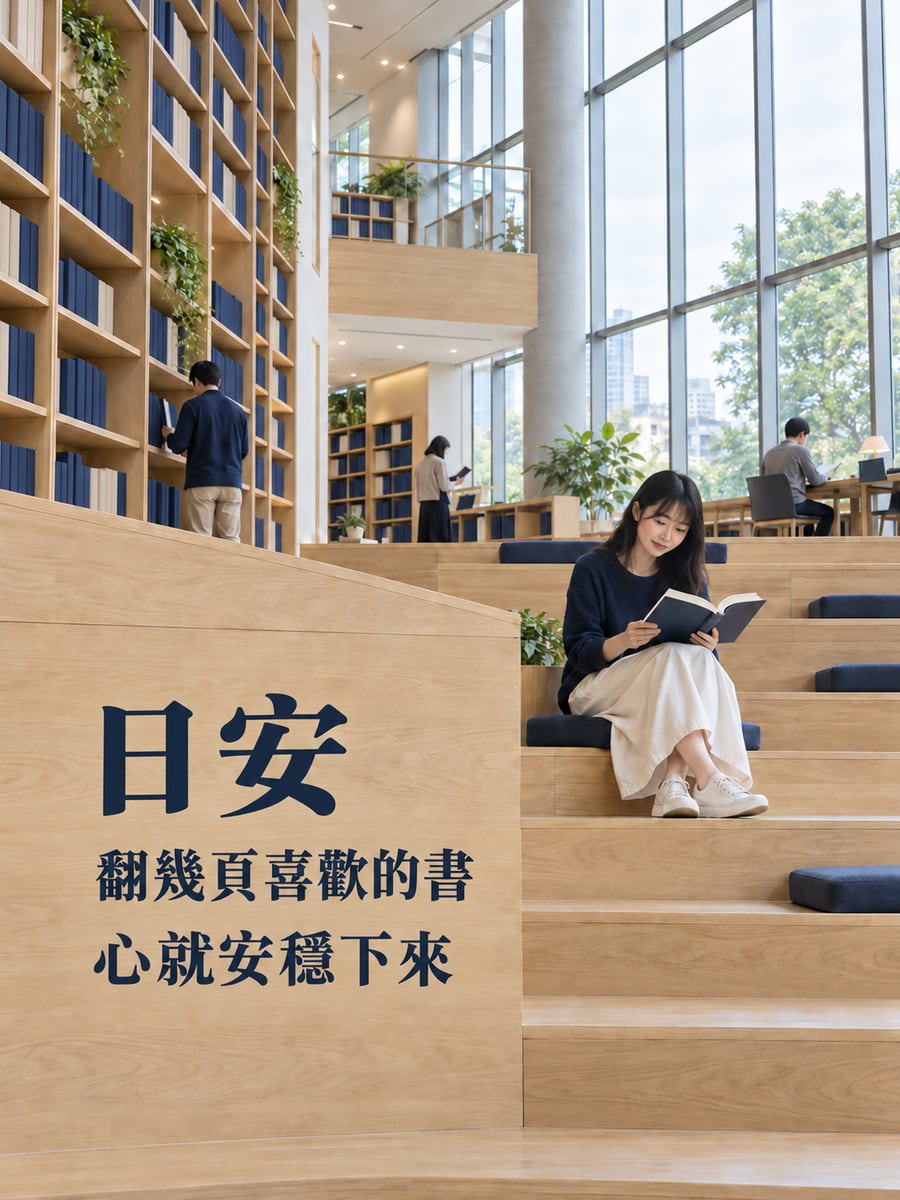 圖書館閱讀階梯。圖中文字：日安，翻幾頁喜歡的書，心就安穩下來