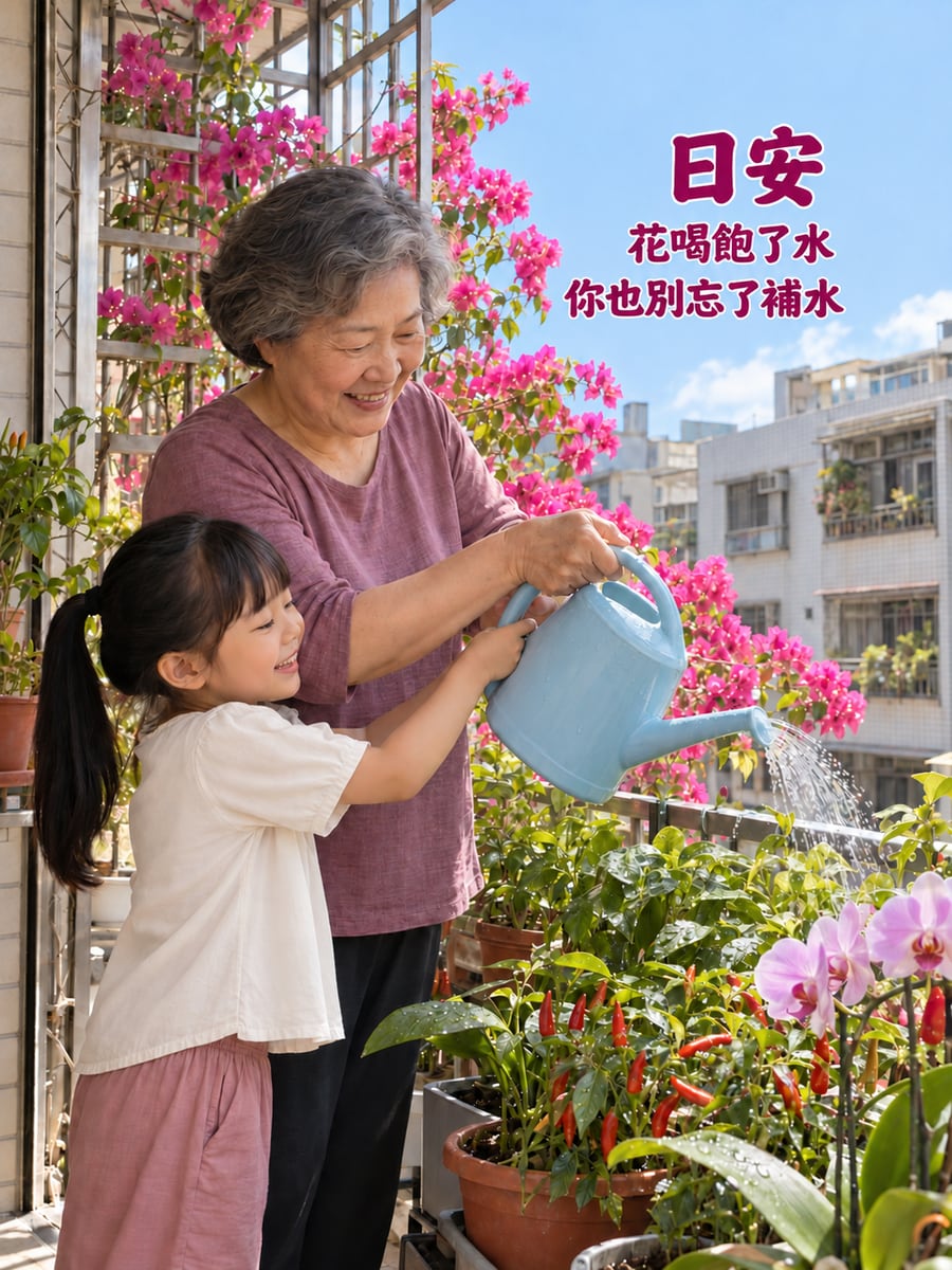阿嬤澆花。圖中文字：日安，花喝飽了水，你也別忘了補水
