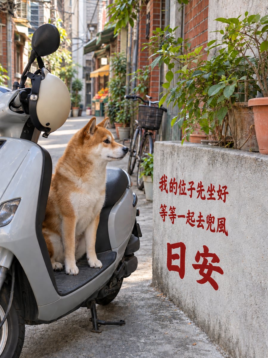 機車上的柴犬。圖中文字：日安，我的位子先坐好，等等一起去兜風