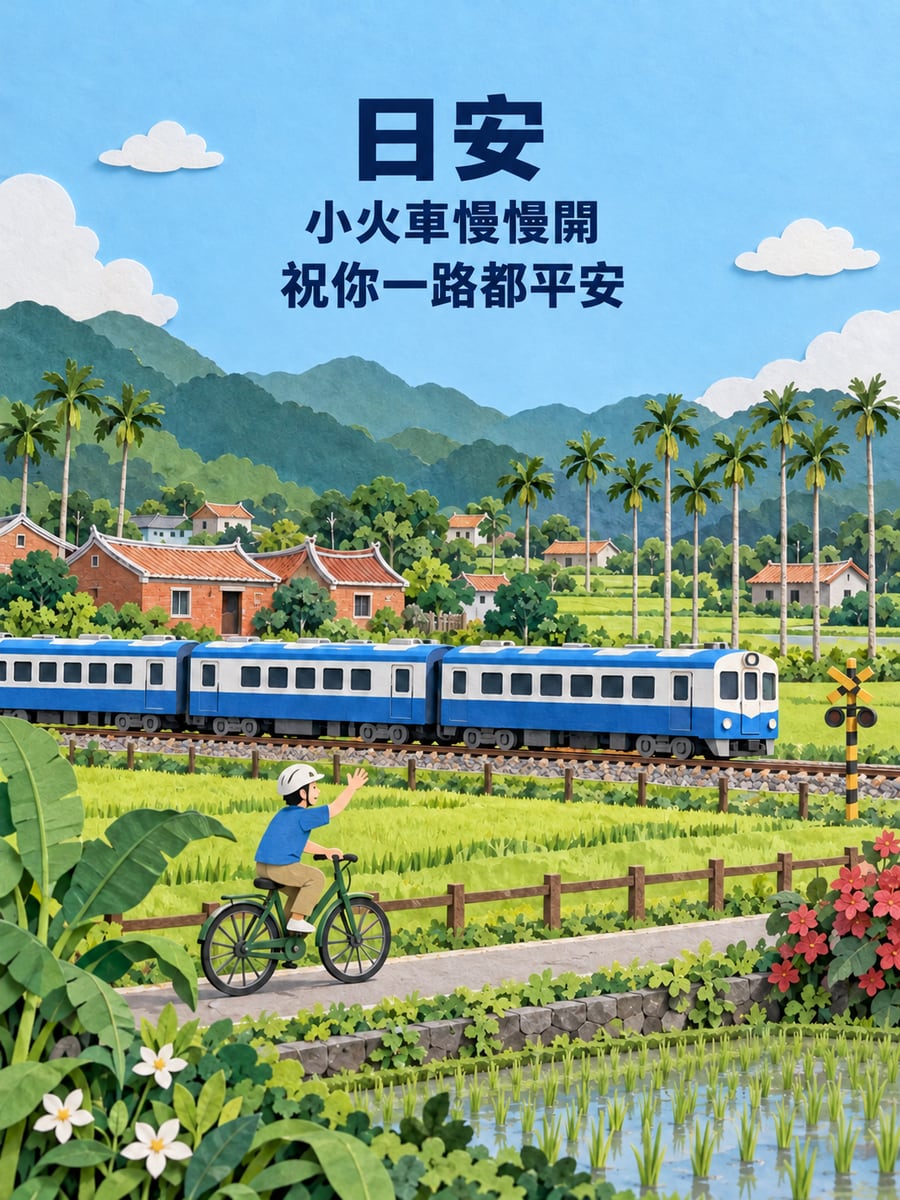 紙藝小火車。圖中文字：日安，小火車慢慢開，祝你一路都平安