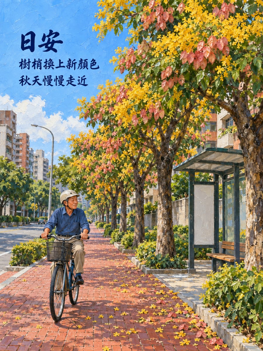 欒樹換色。圖中文字：日安，樹梢換上新顏色，秋天慢慢走近